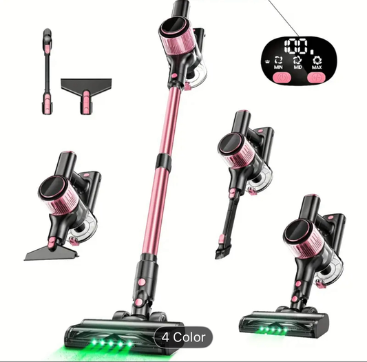 Cordless Stick Vacuum Cleaner - Powerful 30Kpa suction, Lightweight Cordless Vacuum with 40mins Runtime, Cordless Floor Cleaner with Sofa Brush & Anti-Tangle Brush (Green Light Indicator), USB-Powered, for Hardwood Floors, Carpets, Pet Hair - Pink Vacuum