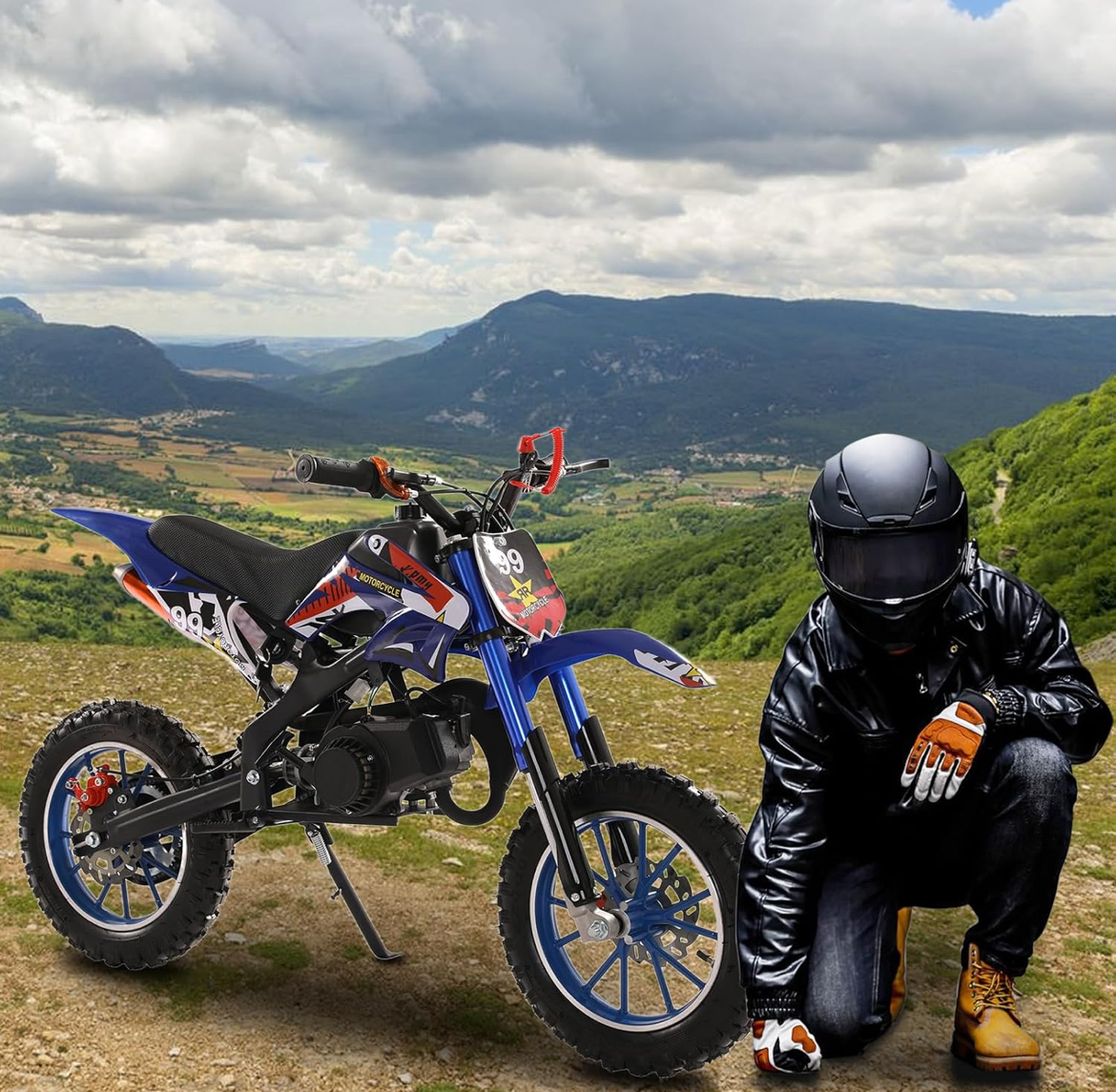 50cc Dirt Bike for Adults & Kids, Mini Bike Gas Powered Off Road Trail Bike with Speeds up to 40 MPH for Uphill and Off-Road Conditions, 2-Stroke, Blue